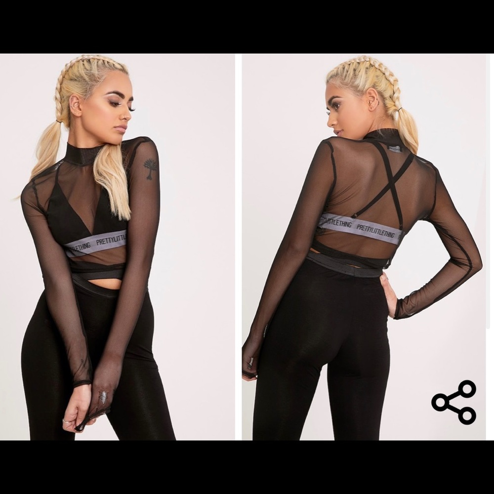 Pretty Little Thing Black Mesh Longsleeve Crop Top